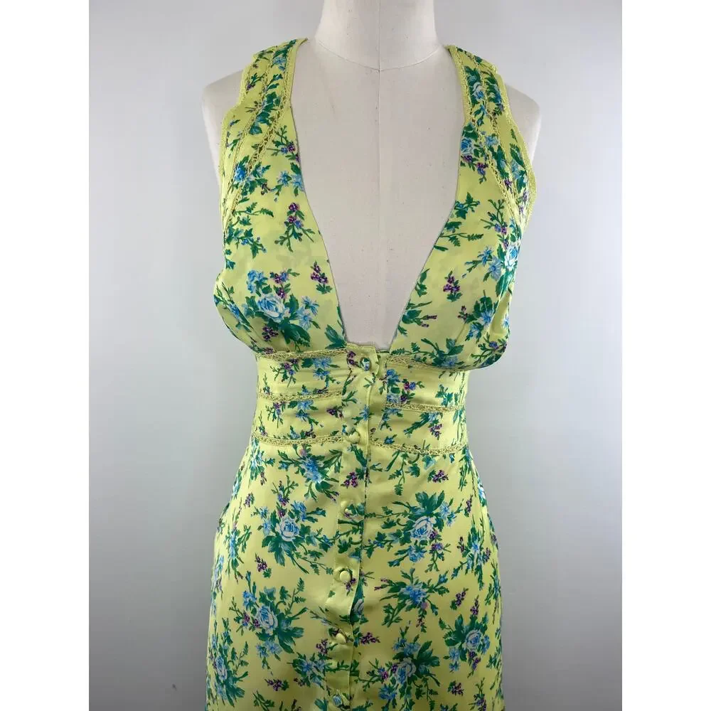 ASOS Design NEW Satin Mini Dress Lace Trim Button Front Yellow Ditsy Floral Sz 2